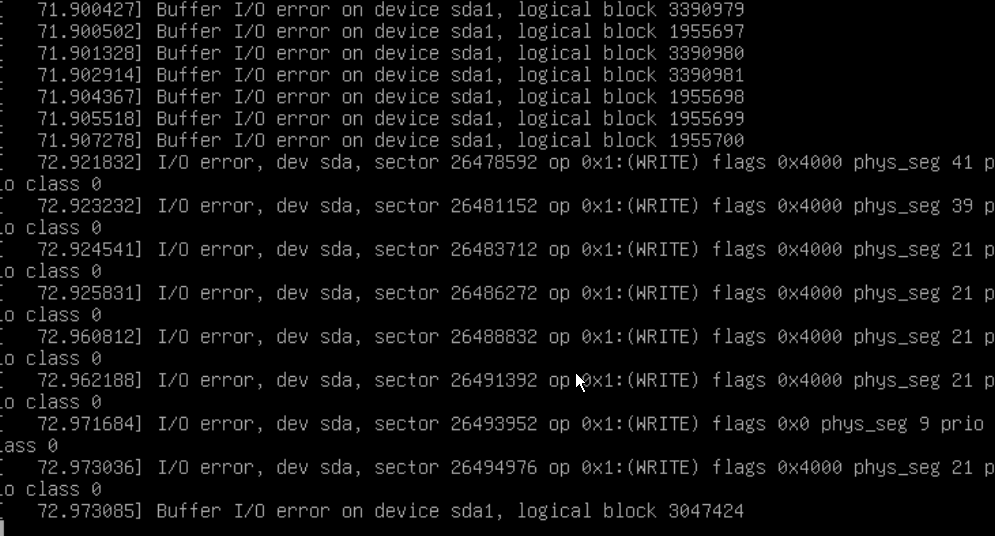 Kernel log inside a VM showing repeated buffer I/O errors on sda1 and write I/O errors on sda